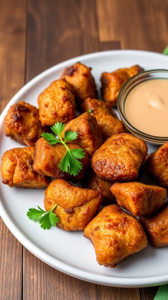 Crispy air fryer steak bites garnished with parsley on a wooden table.